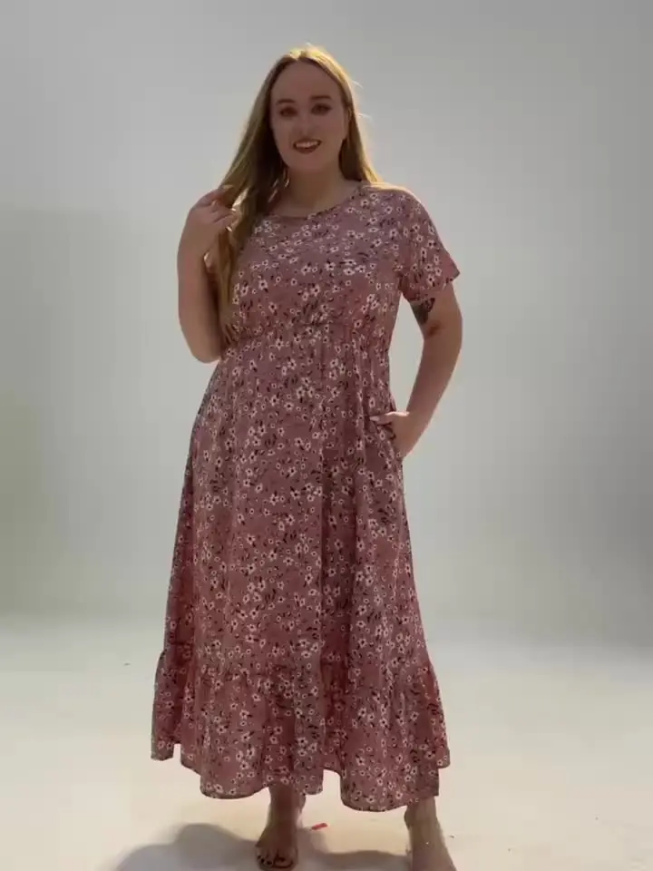 Women's Boho Floral Dress - Plus Size Short Sleeve Crew Neck Summer Dress With Pockets For 2025