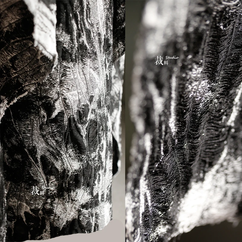 High-end Artistic Black and White Old Ragged Double-layer Texture Three-dimensional Thick Fabric Clothing Designer Fabric