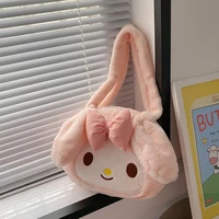 Girls Large capacity Cartoon Anime Cozy Fluffy Tote Bag, Kuromi Plush Tote & Shoulder Bag, Cinnamoroll Melody Faux Fur Handbag 5