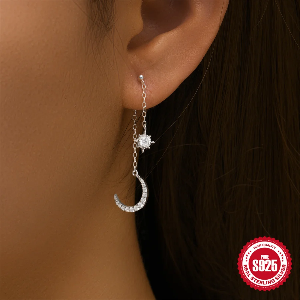 

QUKE 925 Silver Moon Star Chain Tassel Drop Earrings For Women 18K Gold Plated Zircon Minimalist Earrings Fine Jewelry Gifts