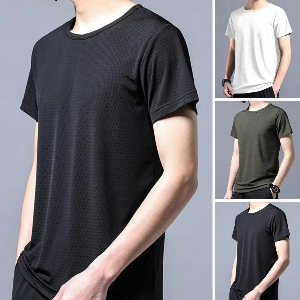 

New in Mens Shirt Round Neck Short Sleeve Breathable Sweat Absorption Dress-up Polyester Summer Men Sport T-Shirt Fitness Top