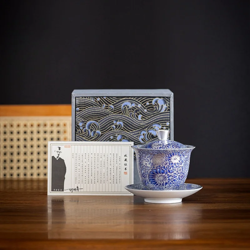 160ML Ceramics Gilded Silver Sunflower Gaiwan Handmade Household Kung Fu Tea Set Tea Bowl Cup Tureen Pot Gift Box