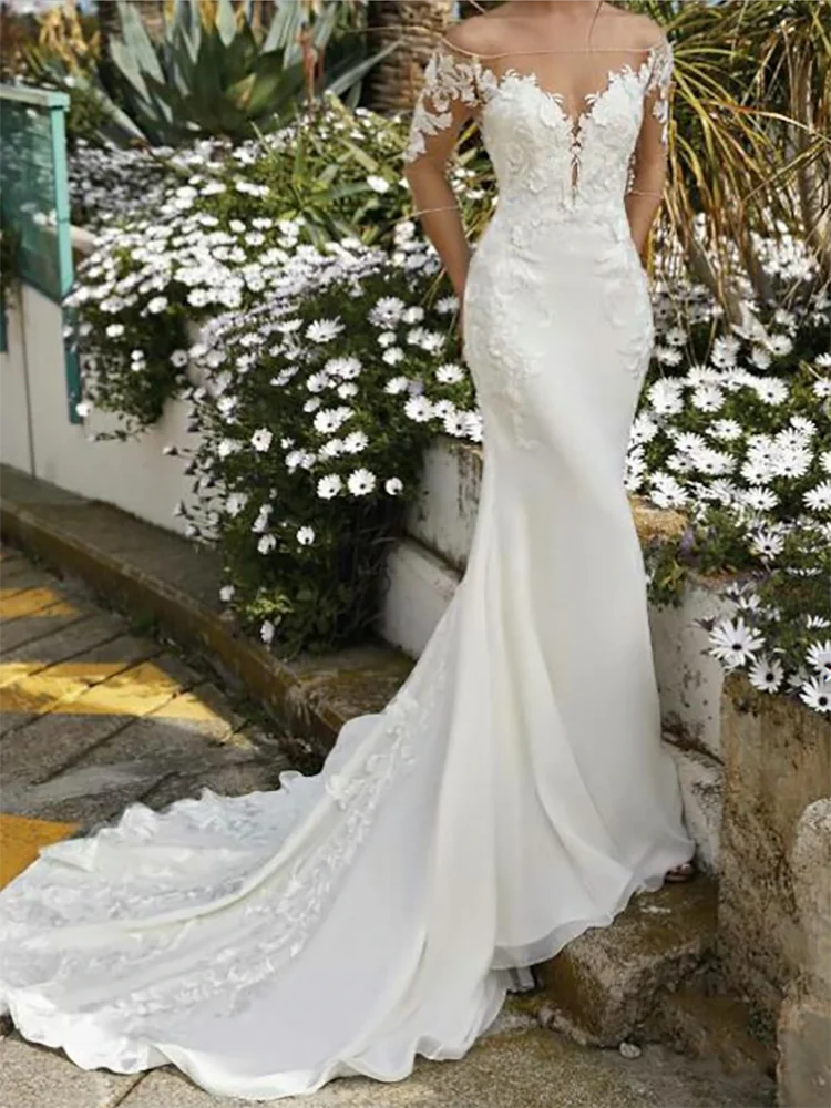 

Sexy Off Shoulder Half Sleeve Mermaid Trumpet Ivory V-Neck Lace Appliques Backless Woman Wedding Dresses Bridal Engagement Gowns