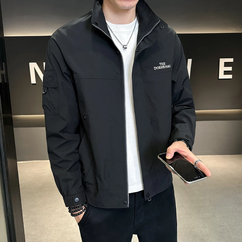 High-Quality Men's Black Jacket with Embroidered Logo, Comfortable and Fashionable Workwear Outerwear  korean fashion men jacket