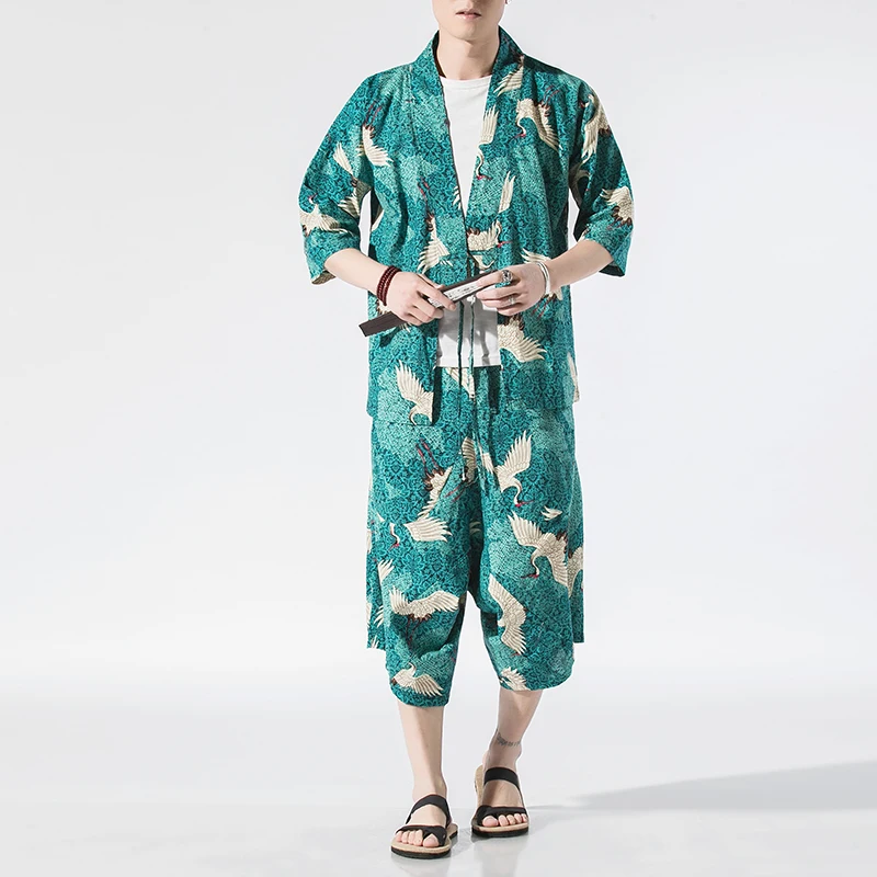 

（Cape+Pants）Summer Hanfu Cape Sets Chinese Style Retro Tang Suit Printed Taoist Robe/Men Japanese Kimono Sunscreen 2-pcs Set