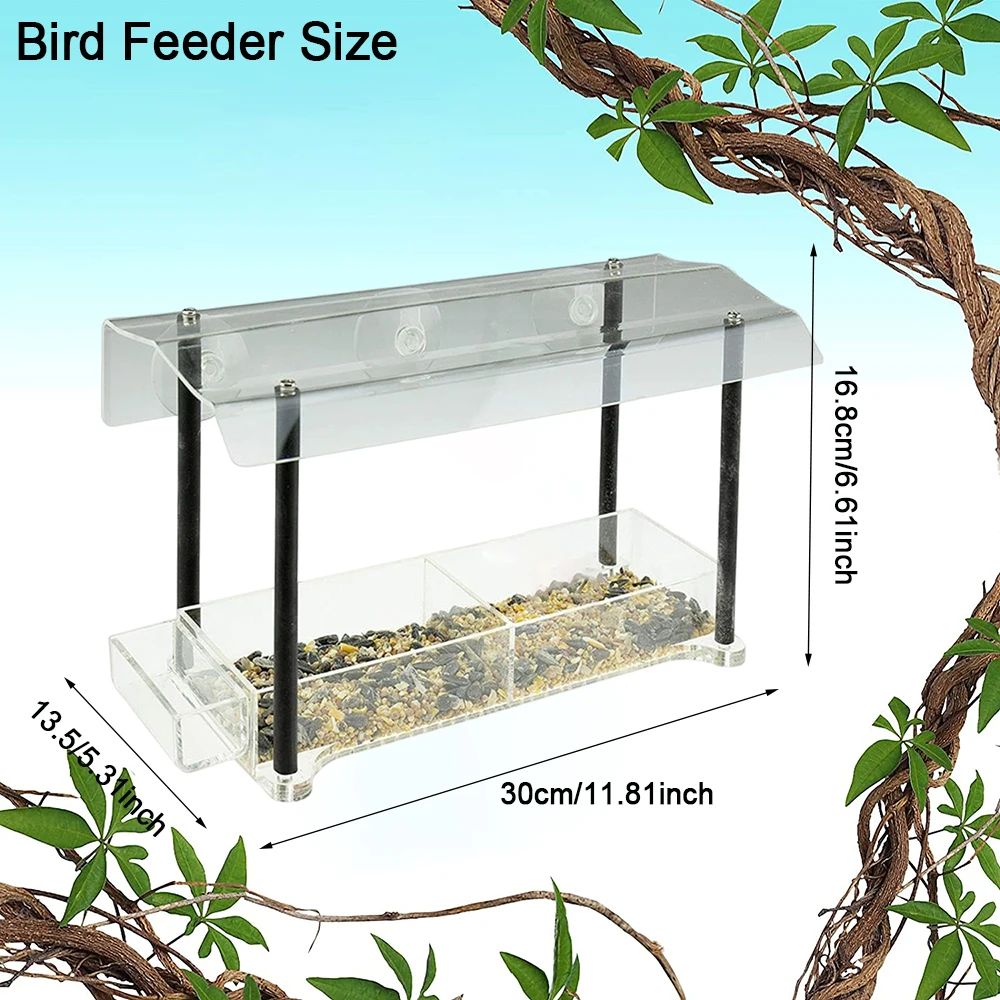 Window Bird Feeder, Large Size with Strong Suction Cups & Seed Tray, Separate Drinking-Water Sink & Wood Pillar Support, Weather