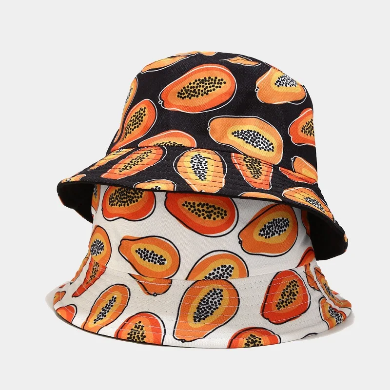 

New Tropical Fruit Papaya Pattern Bucket Hats Men Double Side Basin Caps Male Sunscreen Fisherman Hat Panama