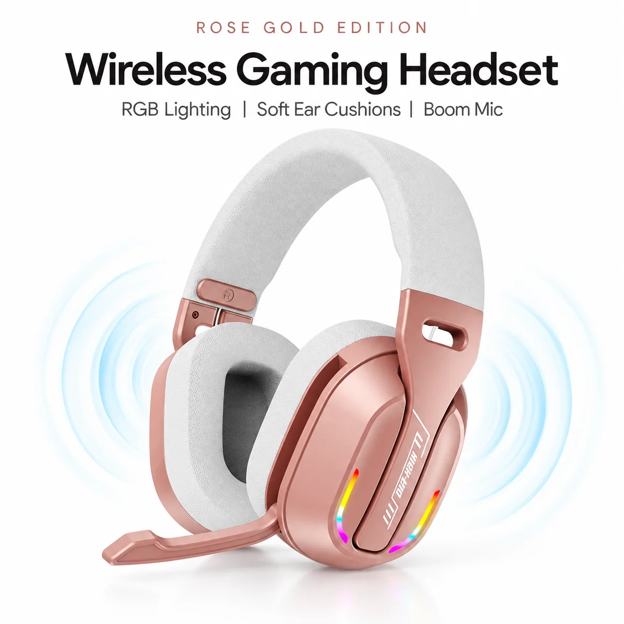 Enhanced Gaming Headset with RGB Lighting, Microphone, and Soft Ear Cushions in Rose Gold