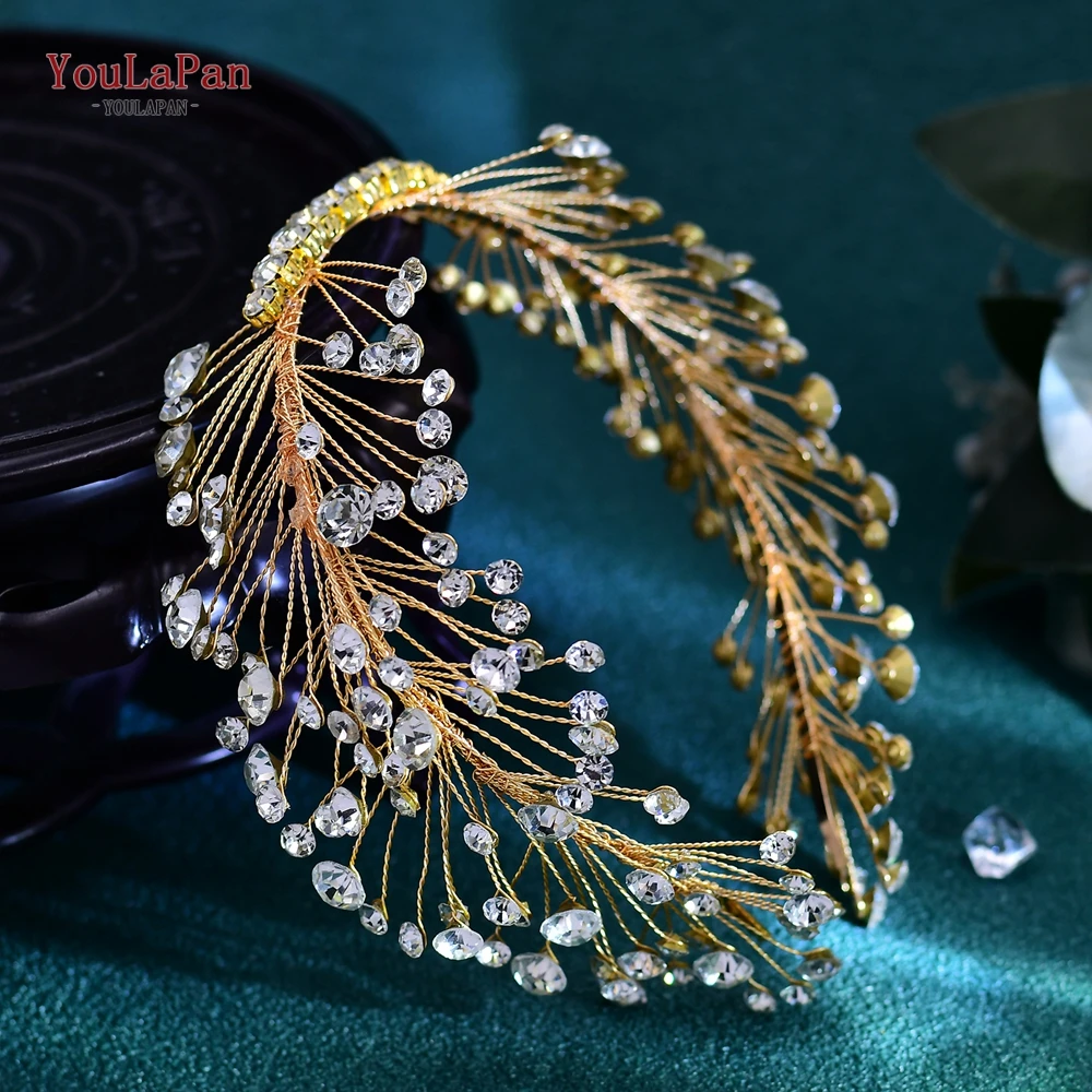 YouLaPan Full Rhinestone Bride Gold Color Hair Hoop Woman Elegant Party And Wedding Headwear Women's Wedding Headpieces HP667
