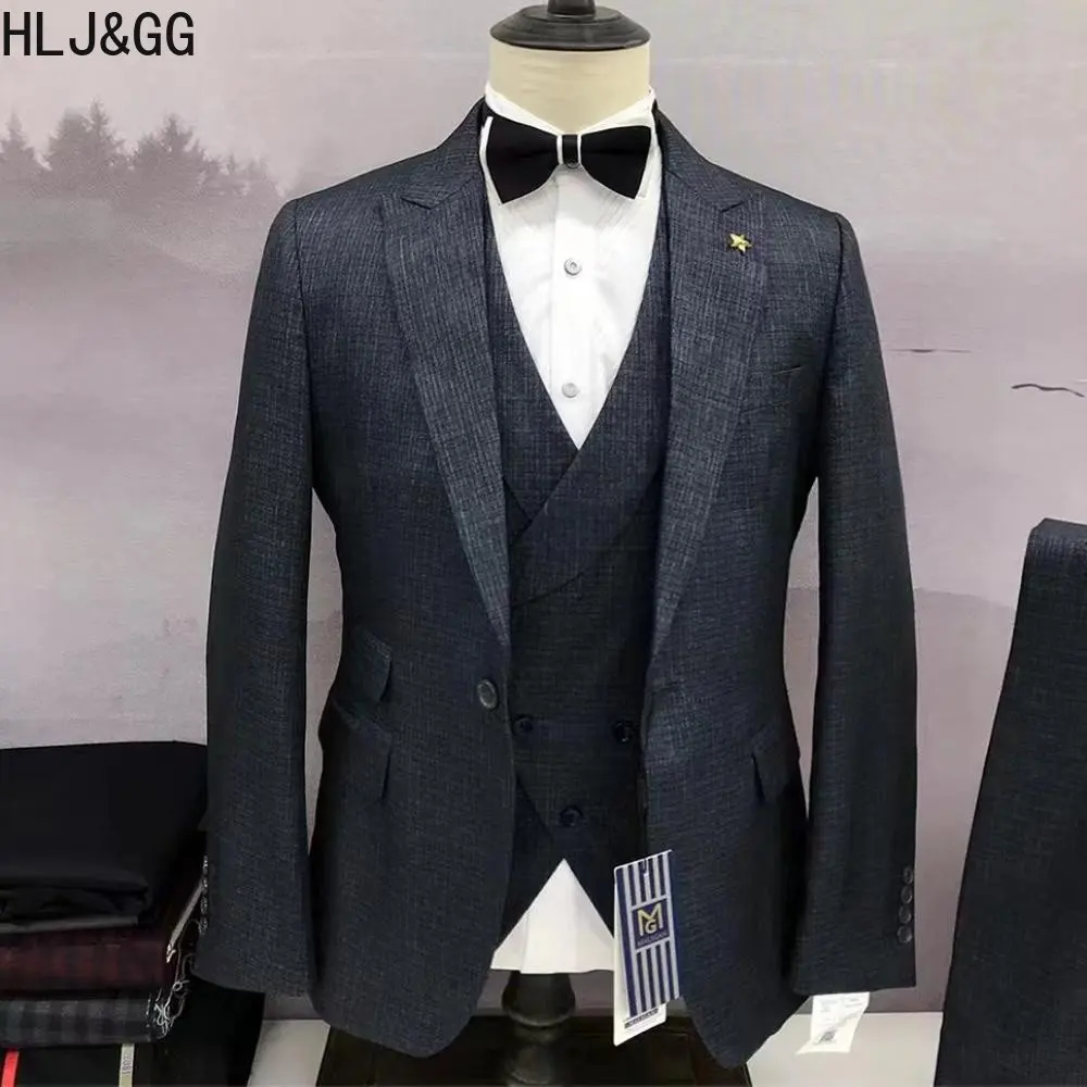 HLJ&GG Plaid Suits for Men Fashion Slim Blazer Vest Pants Three Pieces Sets Formal Business Wedding Party Men Suit 3pcs Set New