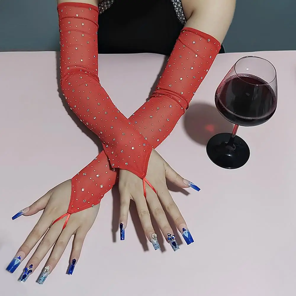 50CM Women Flash Diamond Mesh Hook Finger Gloves Fashion Electronic Music Festival Black Sexy Gloves Cosplay Stage Performance