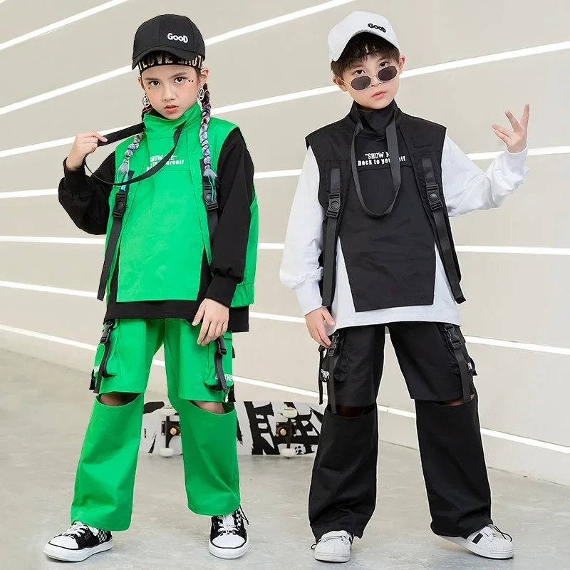 

Boys Hip Hop Street Dancing Clothes High Neck Vest Sweatshirt Tactical Cargo Pants Children Spring Fall Jazz Dance Costume 3-16Y