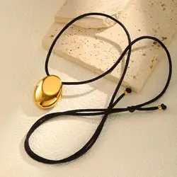 Gold Geometric Oval Pendant Necklace with Black Adjustable Rope - Trendy Stainless Steel Jewelry (NC - 2113G)