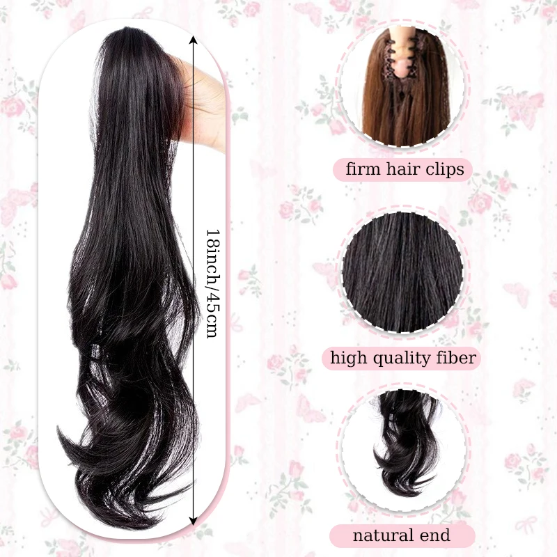 18inch Wavy Hair Ponytail Wig Synthetic Hair Extensions with Claw Clip Crab Hair Clips Ponytail Hairpiece for Women Daily Use