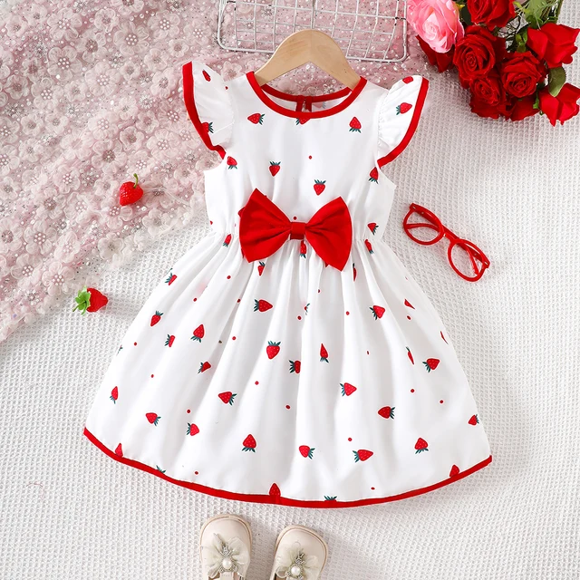 Robe imprimée fraise avec nœud printemps/été pour filles 1