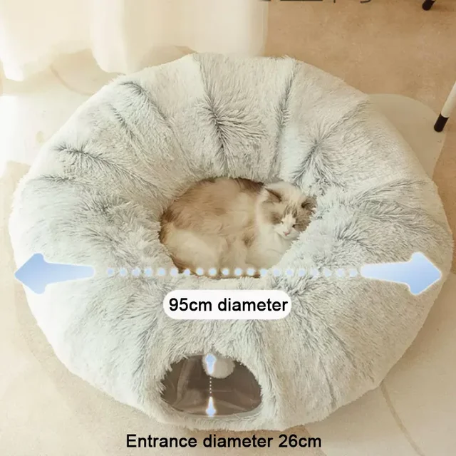 2 In 1 Round Cat Beds House Funny Cat Tunnel Toy Soft Long Plush Dog Bed For Small Dogs Basket Kittens Bed Mat Kennel Winter 4