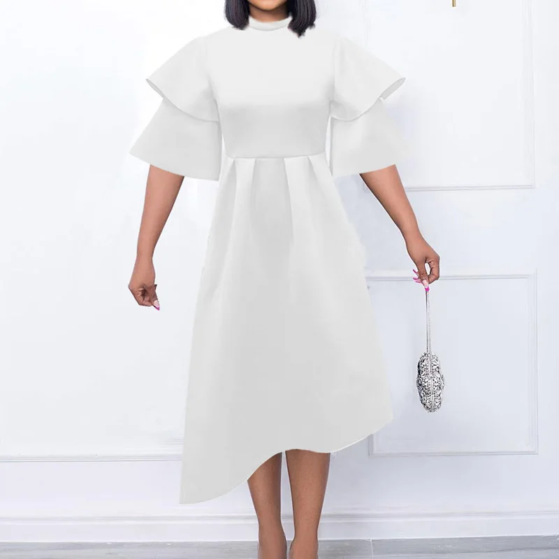 Women Plus Size Clothes Spring Office Lady Half Height Collar Double Layer Ruffle Short Sleeve Solid Zipper Mid Length Dresses