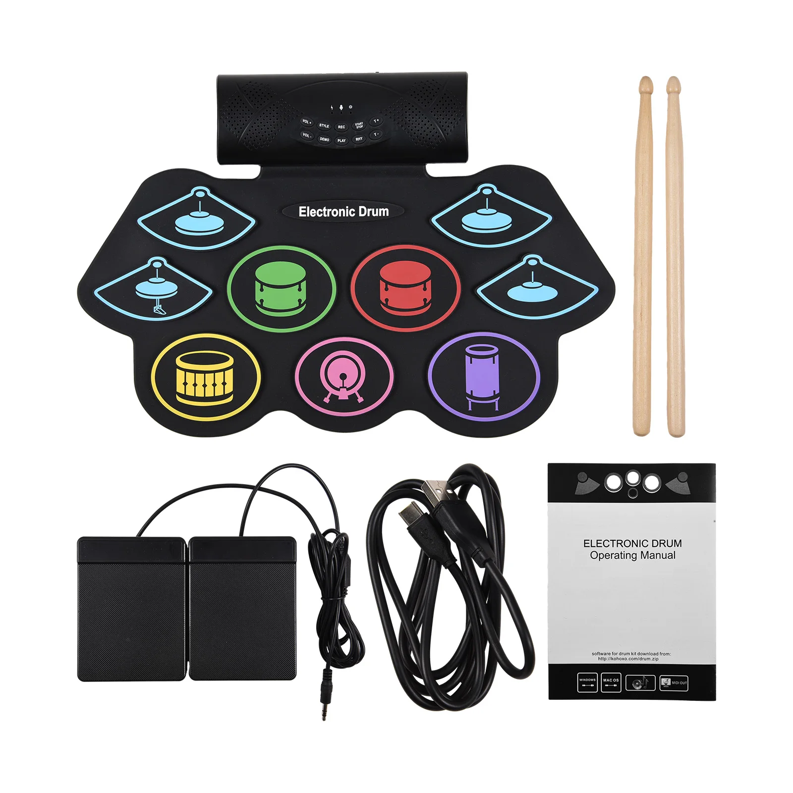 Electronic Drum Set Hand Roll Drum Percussion Instrument 9 Pads BT External Sound Drumsticks Foot Pedal MIDI Interface Speaker