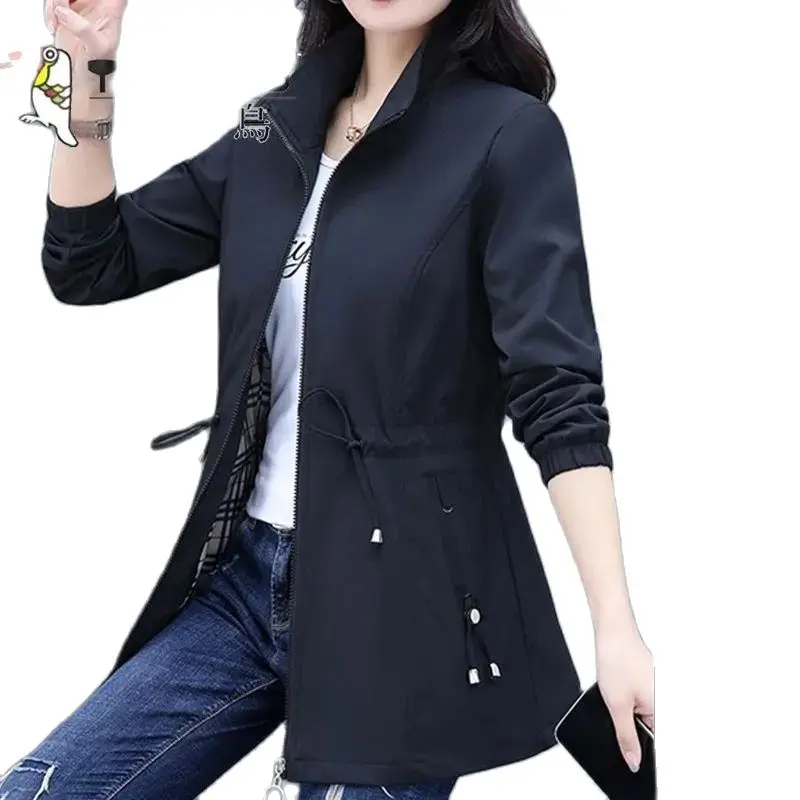 Vintage Spring And Autumn Stand Collar Jacket Mid Long Sports Women's Trench Lining Casual Fashion Waist Wrapped Women's Jacket