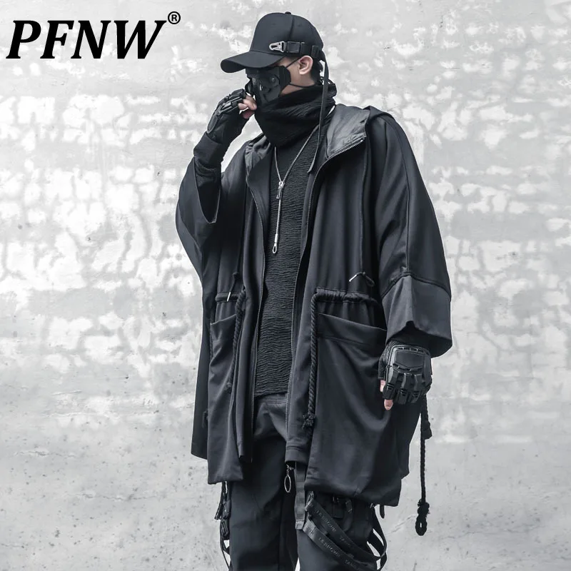 

PFNW Men's Niche Design Punk Darkwear Style Loose Hooded Trench Tide Coat High Street Trend Tactical Cloak Cape Fashion 12Z6078