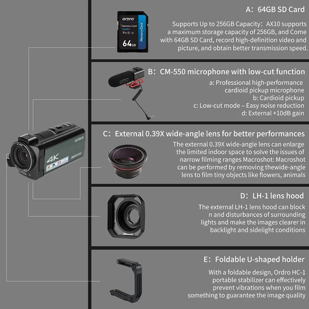 오르도 AX10 4K 캠코더 카메라 전문가용 30MP 60FPS 30배 디지털 줌 카메라 브이로그 IR 야간 투시경 WiFi 유튜브 영상 촬영
