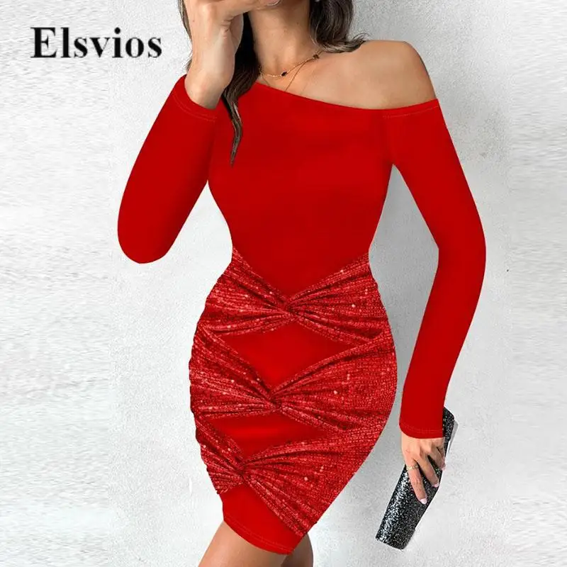 

Sexy Off Shoulder Long Sleeve Mini Dress Women Elegant Solid Tight Party Dress Fashion Sequin Twist Bowknot Design Bodycon Dress