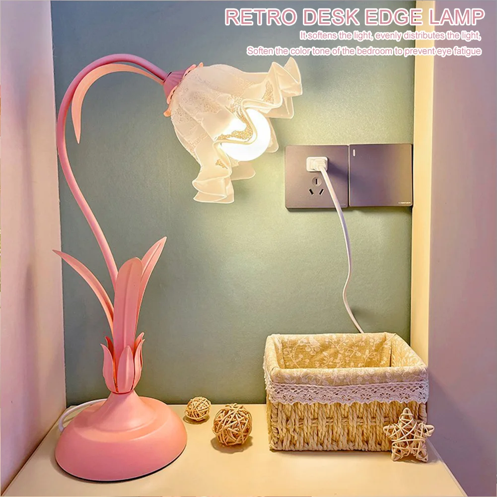 Retro Flower LED Desk Lamp Student Bedroom Room Reading Decor Lamp Eye Protection Atmosphere Sense Bedside Lamp Table Light E26 5