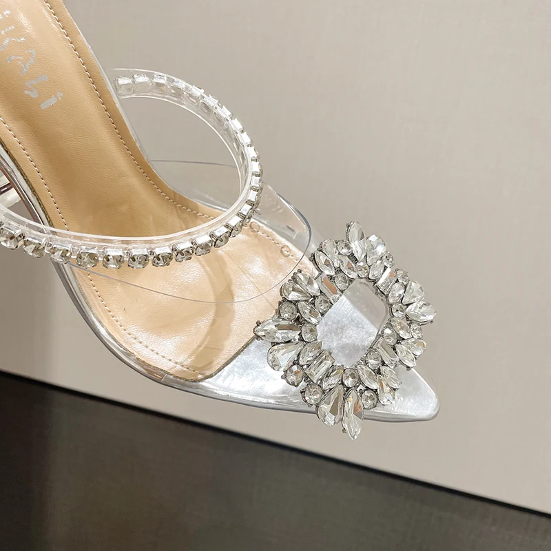 Crystal Cup Heel Transparent PVC Pointed Rhinestone Buckle Women's Slippers Sandals Summer Fashion Pumps Wedding Shoes For Woman