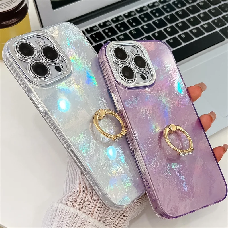 Étui de téléphone pliable avec anneau en aluminium pour iPhone 16 Plus 15 14 13 Pro Max, protection de caméra à paillettes, coque arrière rigide antichoc en PC_voghion.com