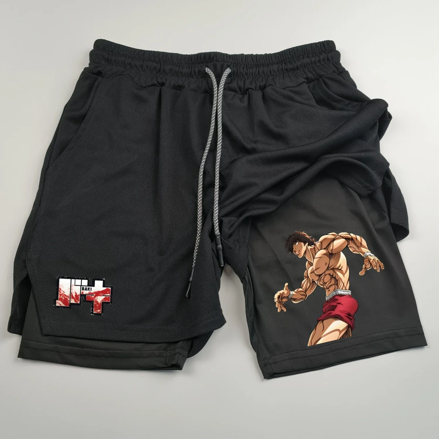 Short de sport Anime Hanma BAKI pour homme, séchage rapide, double couche, objectifs de gym, course à pied et fitness, 2 en 1 2