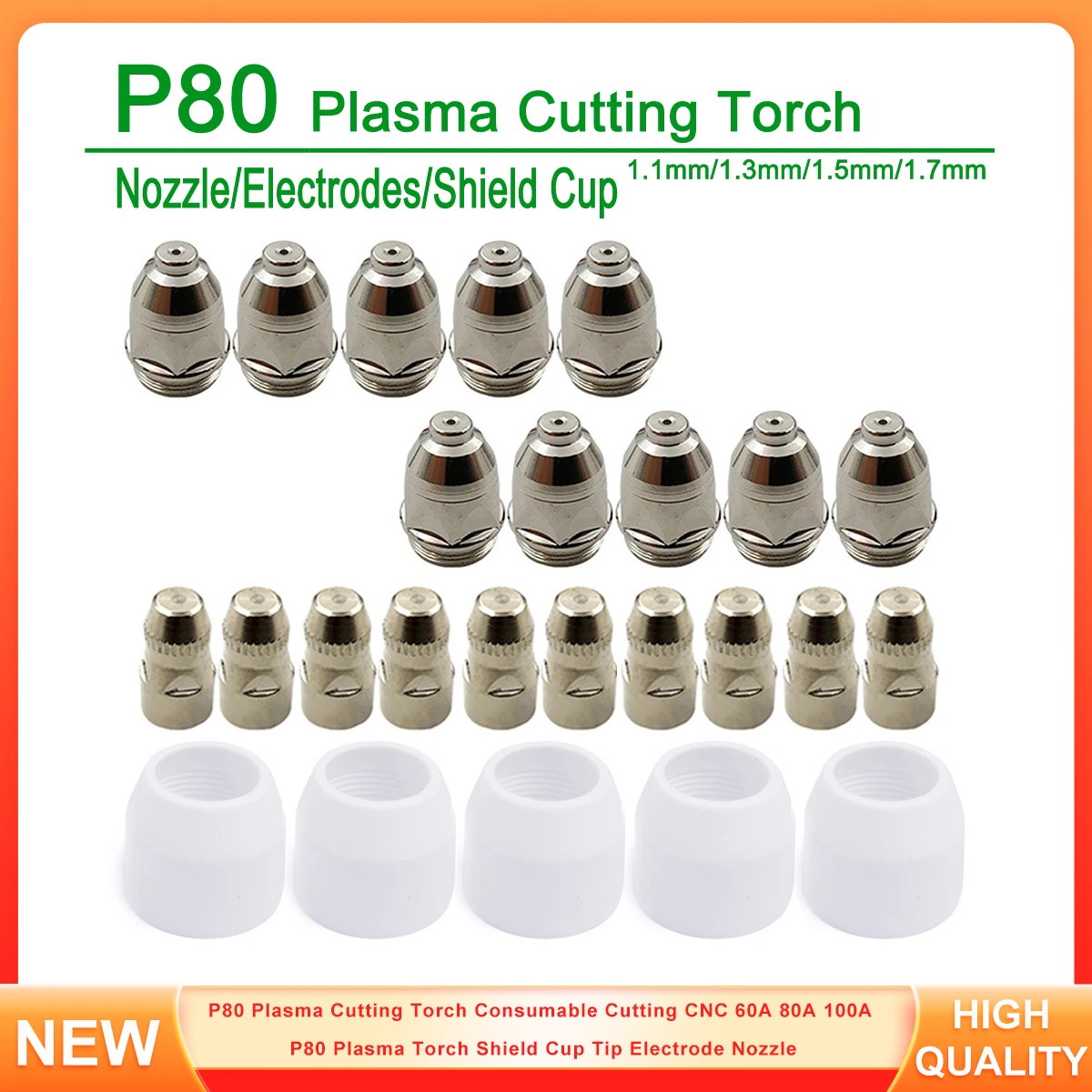 25pcs P80 Plasma Cutting Torch Consumable Cutting CNC 60A 80A 100A P80 Plasma Torch Shield Cup Tip Electrode Nozzle