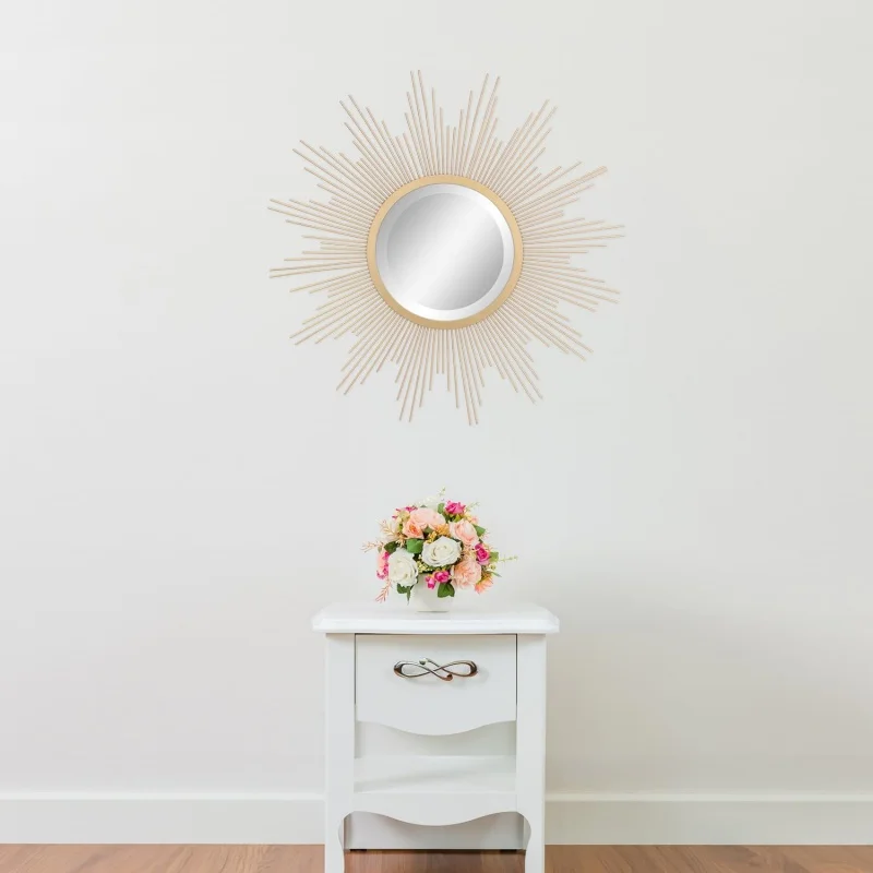 Round 23" Antique Gold Metal Starburst Hanging Wall Mirror with Attached Mounting Bracket, Decorative Decor for Living Room