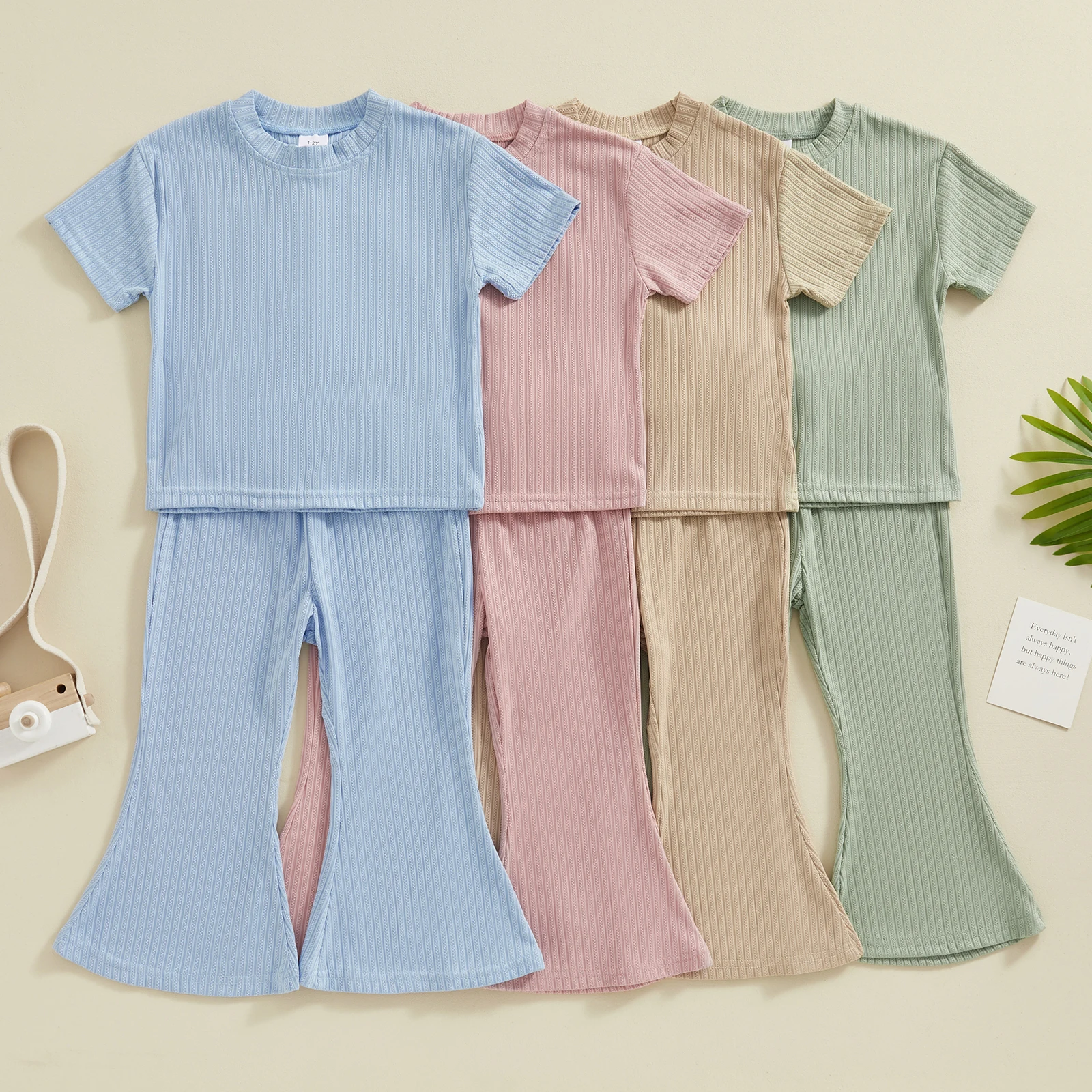 FOCUSNORM 0-5Y Toddler Kids Girls Summer Clothes Sets Short Sleeve Solid Ribbed Tops Flared Pants Sets