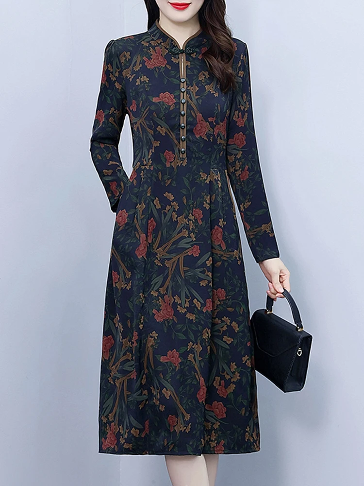 

2023 Spring Autumn knitted Midi Vintage Tunics Dress Women Party Casual Long Sleeve Floral Fashion Elegant Prom Evening Dresses