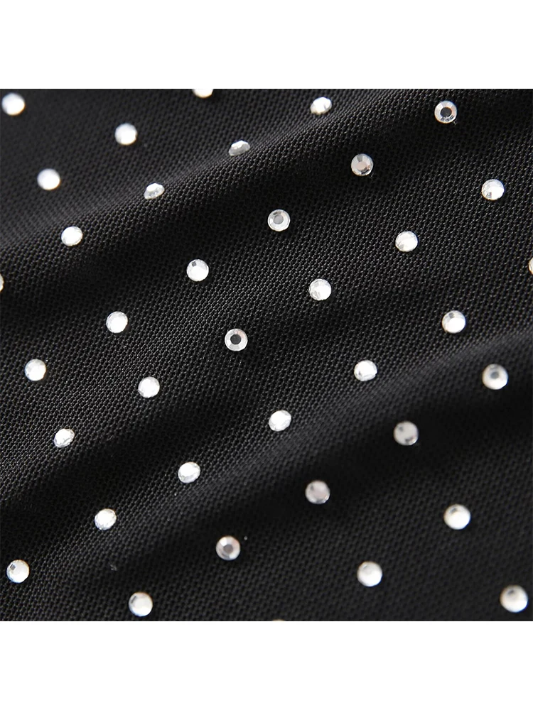  Women Open Back Halter Tops Deep V Neck Sleeveless Backless Tie Back Rhinestone Decoration Tops Sexy Sequin Glitter Streetwear