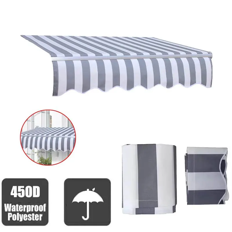 Einziehbarer Sonnenschutz für Zuhause, Terrasse, Dach, individuelle Größe, grau/weiß gestreift, für den Außenbereich, Sonnensegel, UV-Block, wasserdichter Ersatzstoff