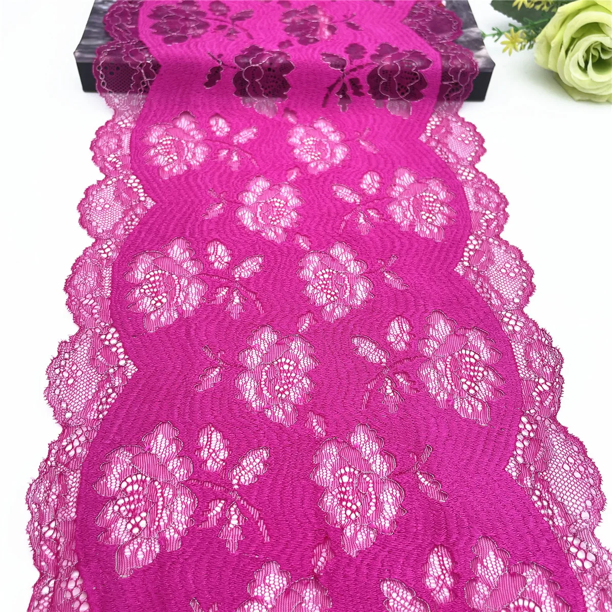 3y/lot Width 22.50cm Fuchsia Silver Elastic Stretch Lace Trims 2