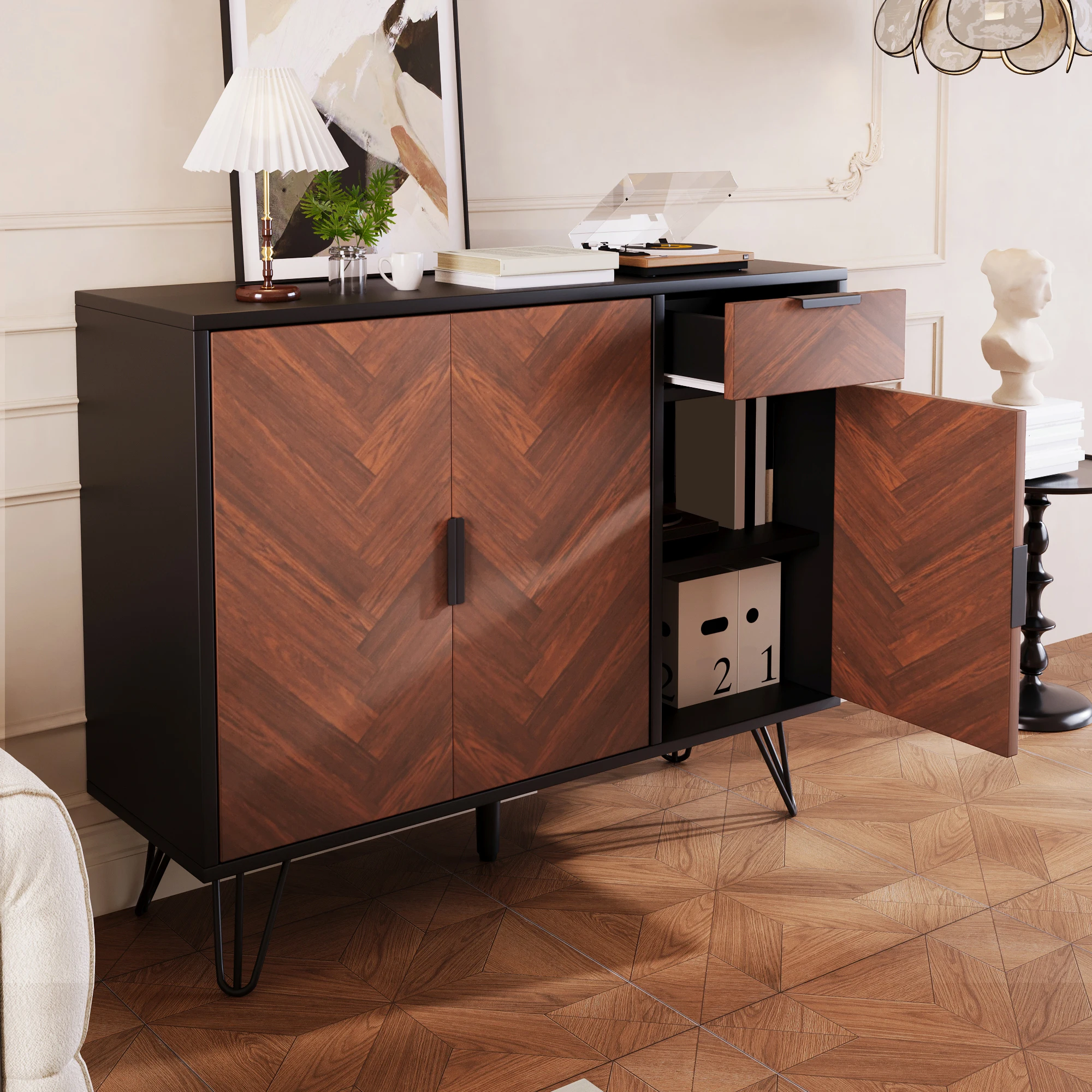 Moderner Aufbewahrungsschrank, Sideboard in Schwarz- und Holzoptik mit Schublade und höhenverstellbaren Regalen (90 x 30 x 71,5 cm) – Detail 9