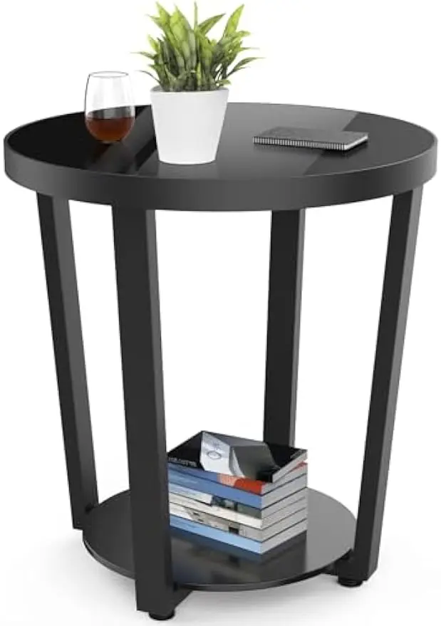 Round End Table,Tempered Glass End Tablewith Metal Frame, SmallCoffee Table,Black SofaSide Table for Living Room,Balcony,Bedroom