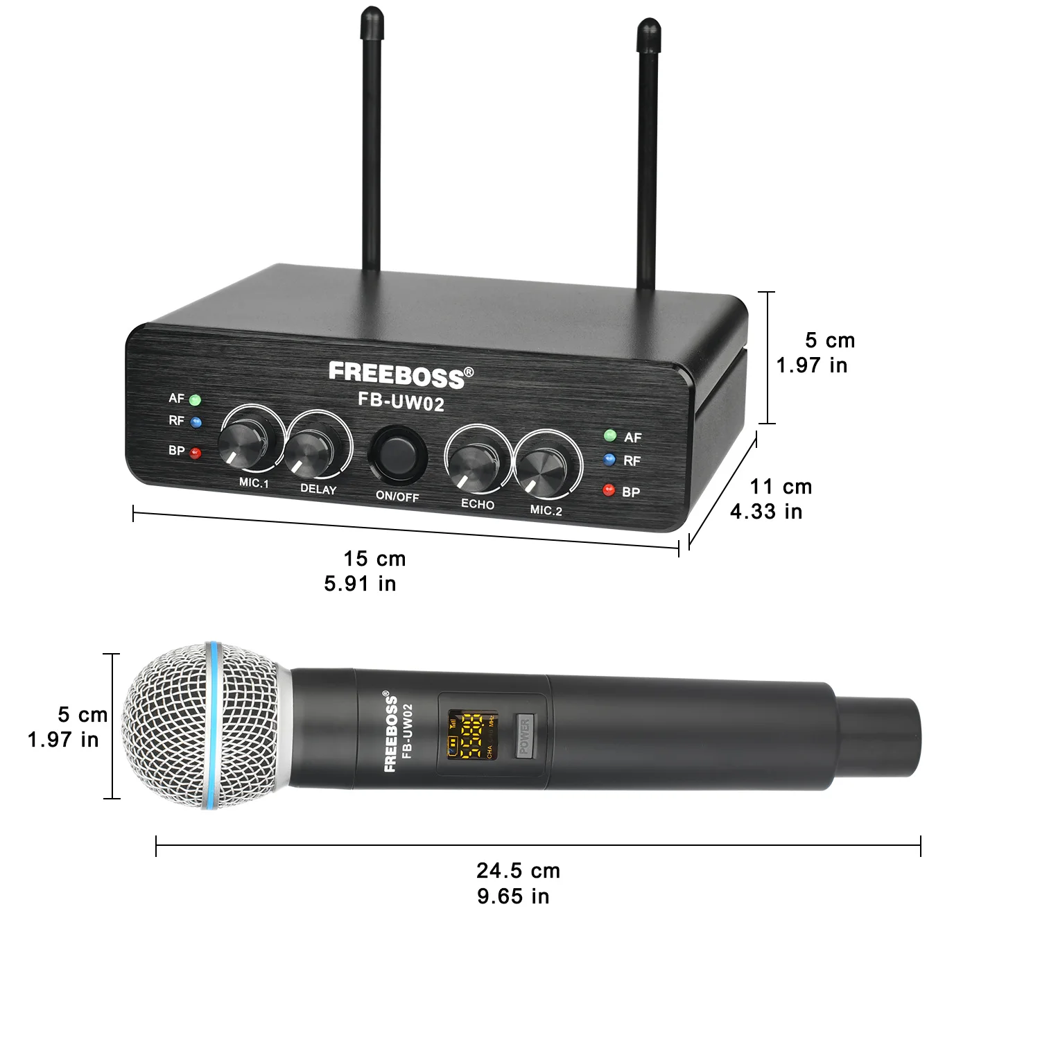 FREEBOSS 2 핸드헬드 주파수 조정 가능 무선 마이크, 30M 작동 범위 지연 효과, 에코 UHF 다이나믹 마이크 시스템 FB-UW02
