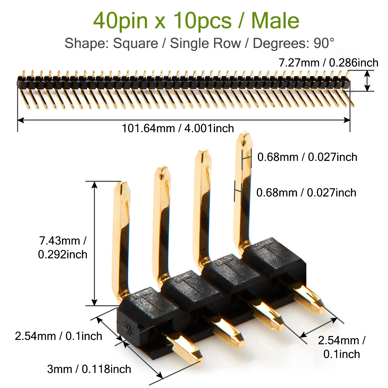 40 핀 남성 2.54mm 구부러진 핀 헤더 직각 단일 행 90도 바늘 커넥터 Arduino PCB 라즈베리 용 금도금