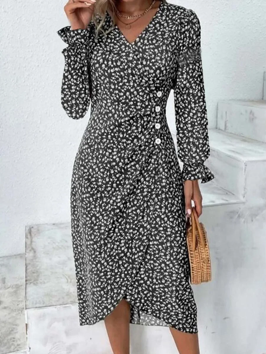

Spring Floral Bodycon Midi Dress For Women V Neck Long Sleeve Ruched Slim Fit Dresses Female Sexy Vestido Robe