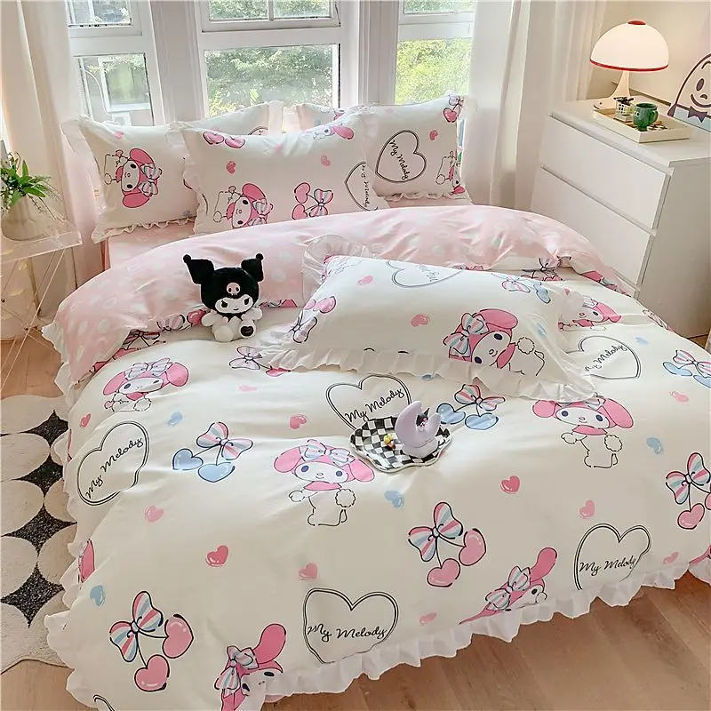 

Sanrio Cinnamoroll Kuromi My melody cartoon anime pure cotton girly heart single dormitory home three-piece kawaii bedding set