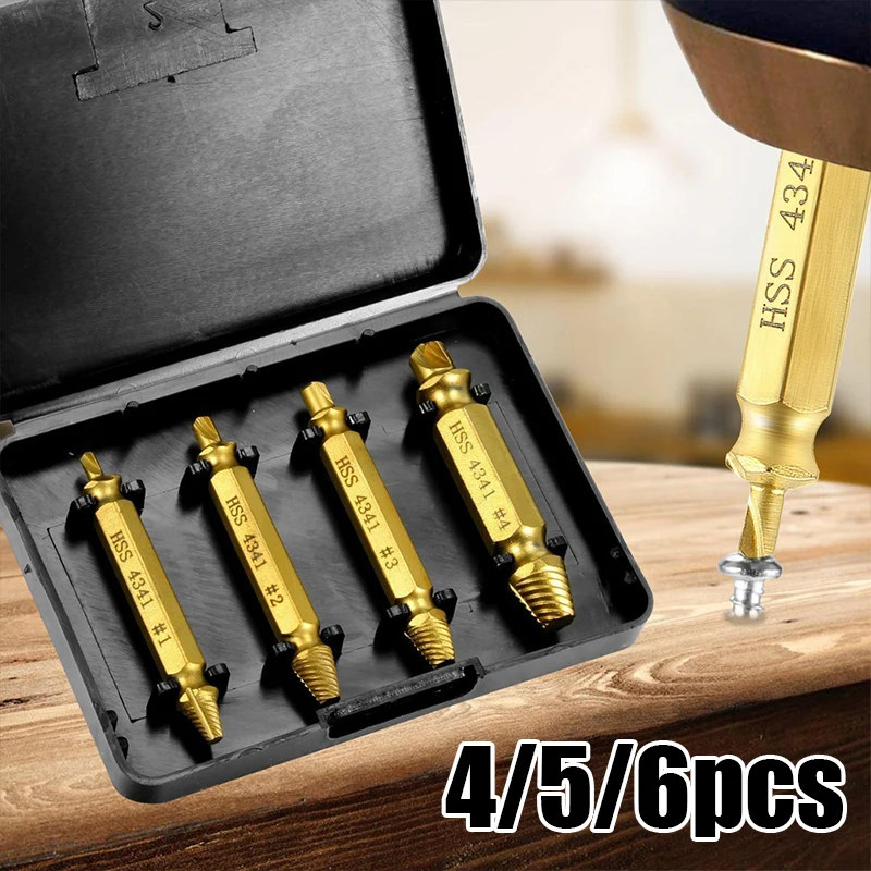 4/5/6 PCS Beschadigde Tapeinduithalerset Boor Set Gestript Gebroken Schroef Bolt Remover Extractor Gemakkelijk Nemen Sloop gereedschap (Color : 5 PCS Gold with box