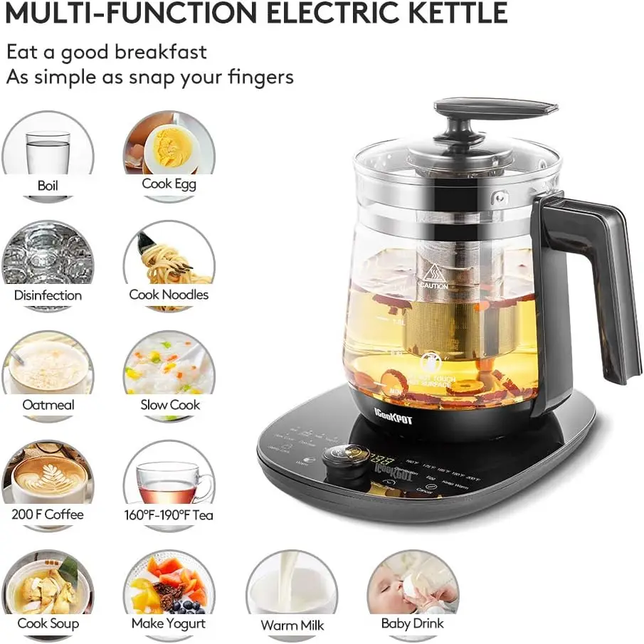 Kettle Temperature Control Glass Tea Kettle Programmable Control Tea Pot, 2 Liter Stainless Steel Maker & Coffee Ke