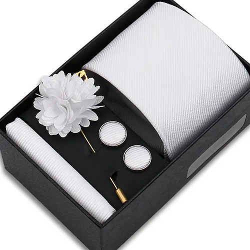 Top Quality Solid color Ties Hanky Cufflinks Brooch Set Elegant Jacquard Necktie For Men Business Wedding In Gift Box Gravatas - Image 24