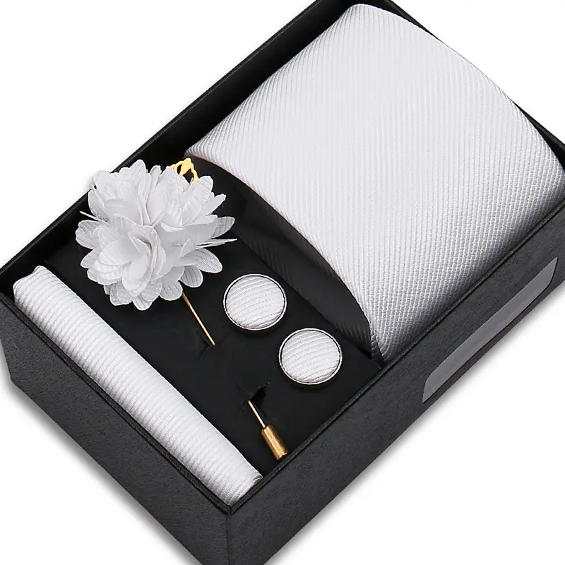 Top Quality Solid color Ties Hanky Cufflinks Brooch Set Elegant Jacquard Necktie For Men Business Wedding In Gift Box Gravatas - Image 24
