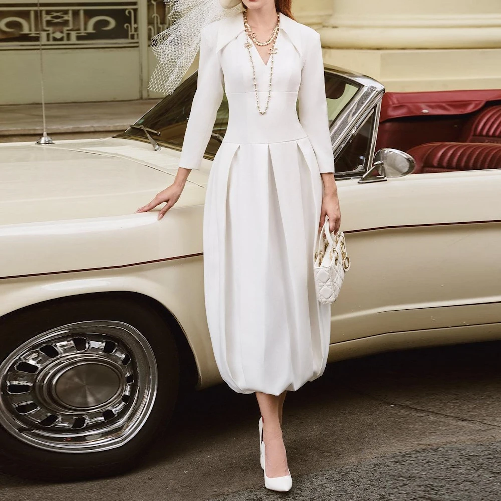 

Muloong Gorgeous Dubai Bridal Gown Ivory White Ladies Long Sleeves Formal Occasion Evening Gown High-end Host Bud Dress