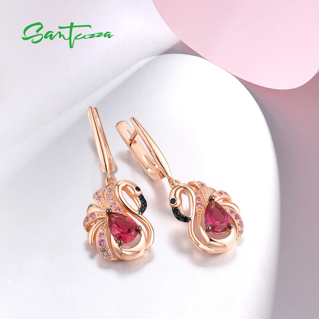 SANTUZZA Pure 925 Sterling Silver Earrings For Women Sparkling Created Sapphire Red Crystal Cute Pink Flamingo Fine Jewelry