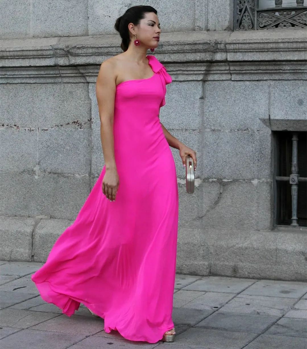 

Long Hot Pink One Shoulder Evening Dresses With Bow Sheath Chiffon Floor Length Vestidos de Noche Prom Gowns for Women